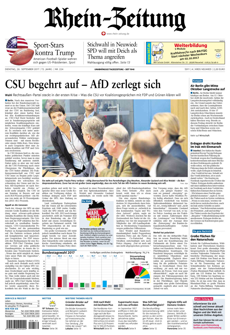 Rhein-Zeitung Kreis Neuwied vom Dienstag, 26.09.2017
