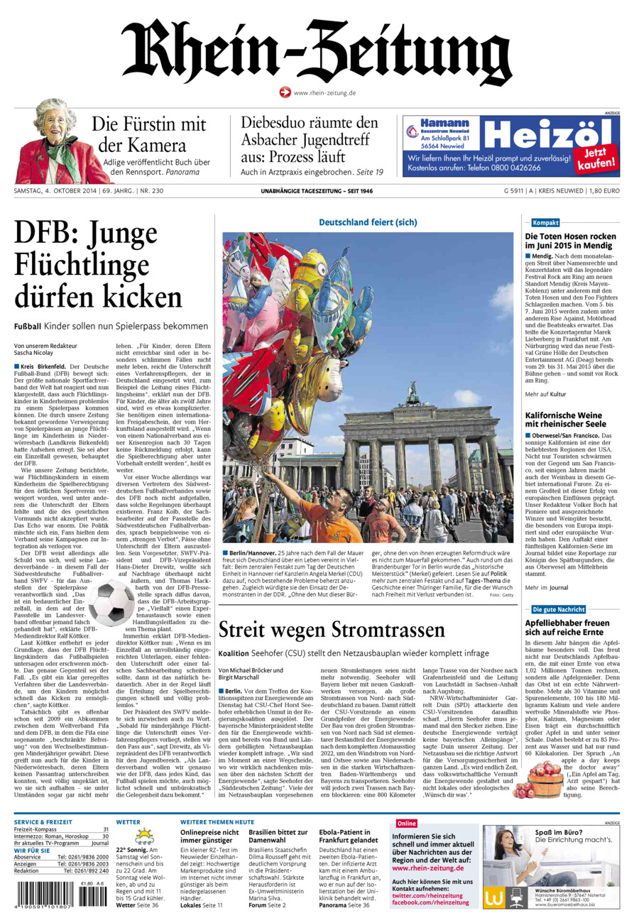 Rhein-Zeitung Kreis Neuwied vom Samstag, 04.10.2014