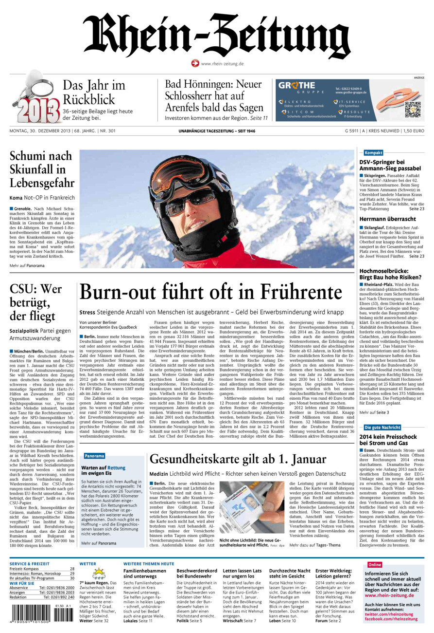 Rhein-Zeitung Kreis Neuwied vom Montag, 30.12.2013