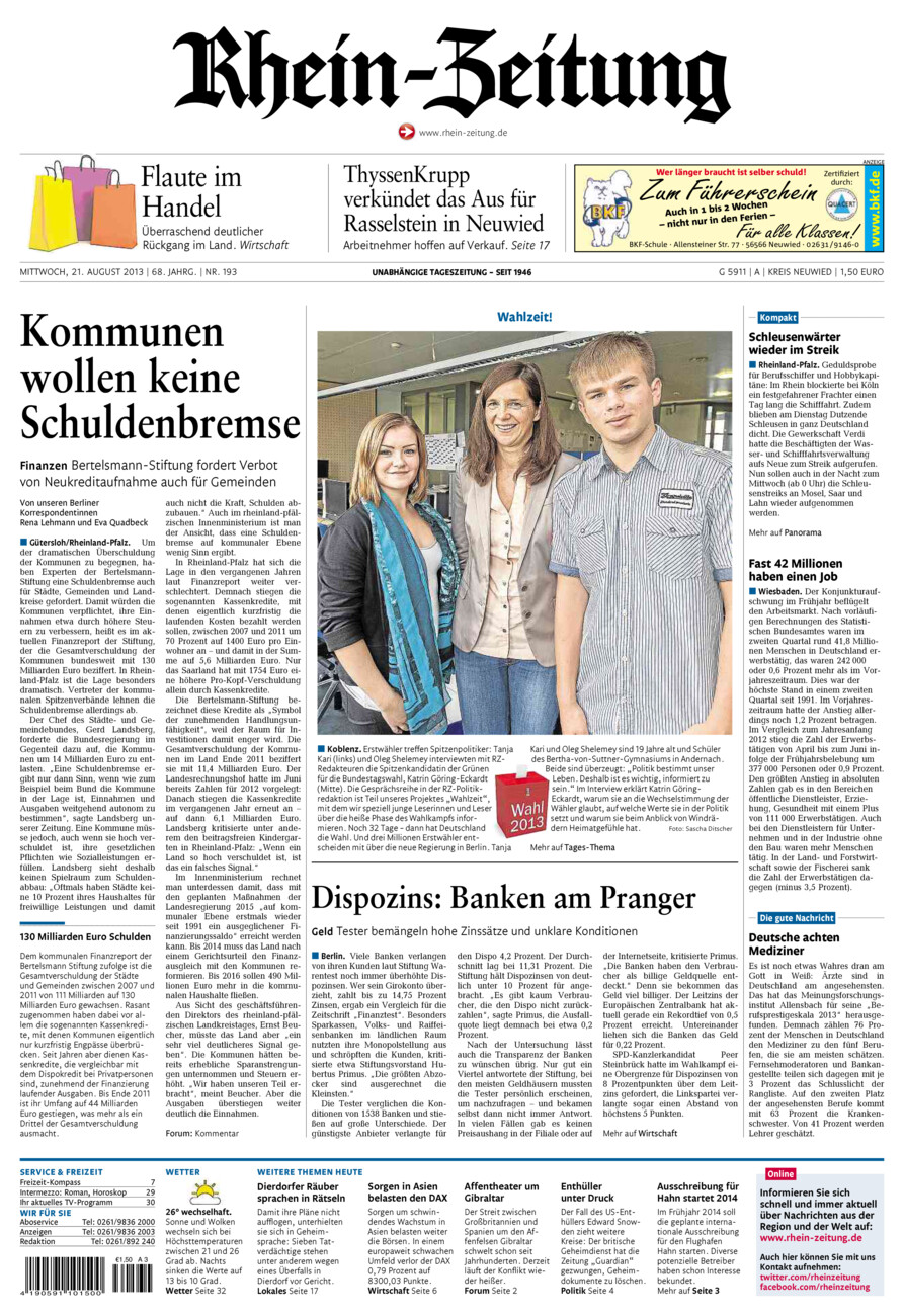 Rhein-Zeitung Kreis Neuwied vom Mittwoch, 21.08.2013