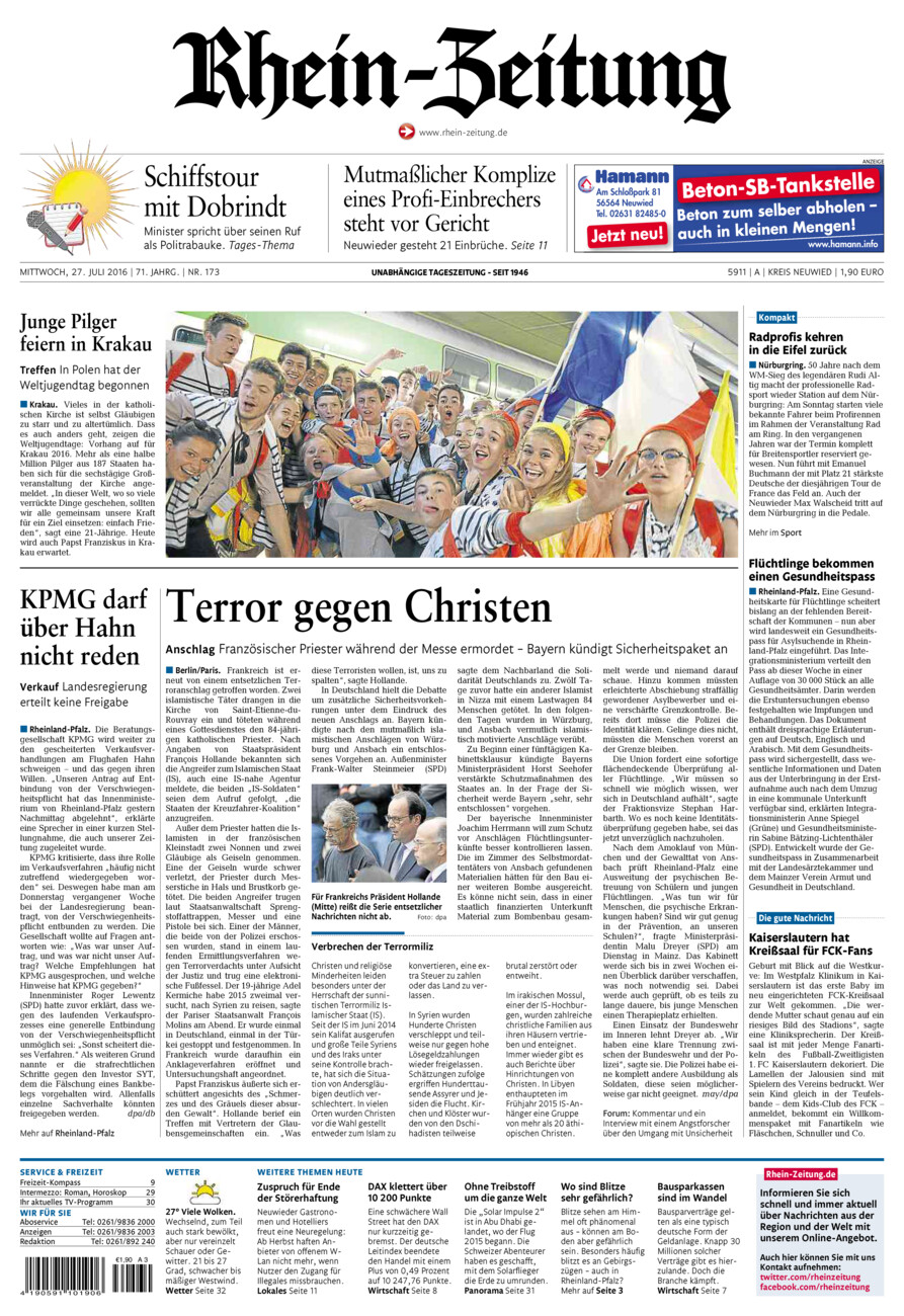 Rhein-Zeitung Kreis Neuwied vom Mittwoch, 27.07.2016