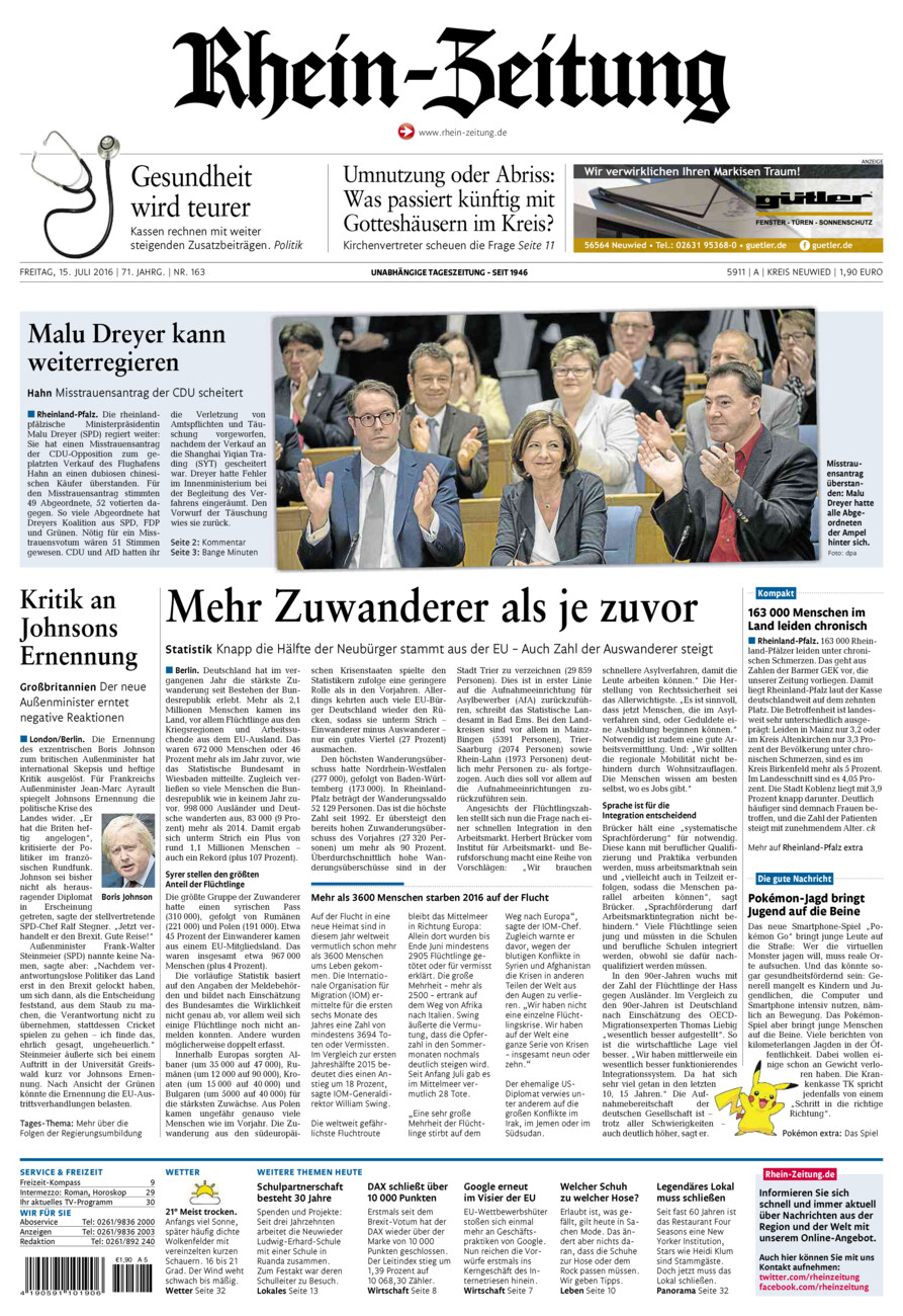 Rhein-Zeitung Kreis Neuwied vom Freitag, 15.07.2016