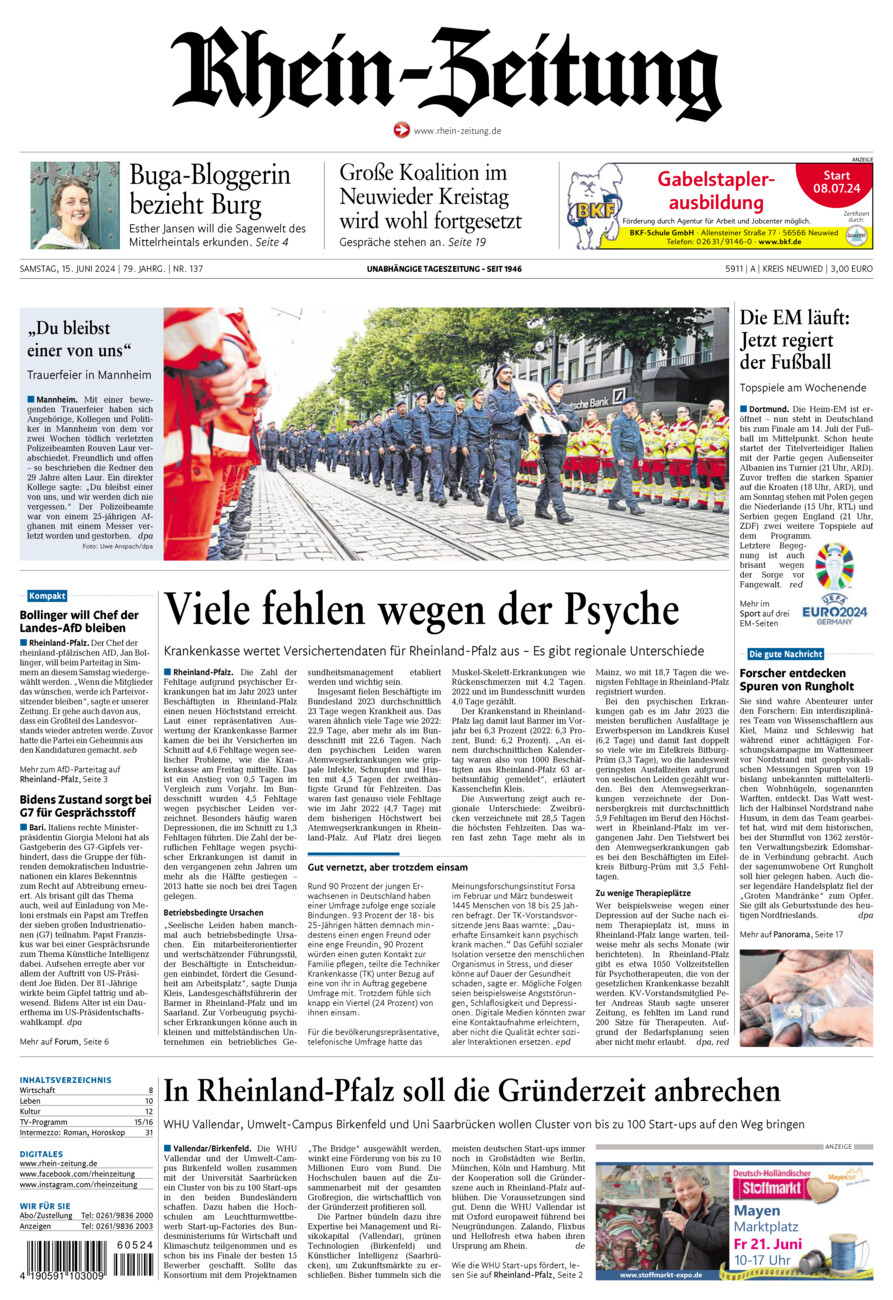 Rhein-Zeitung Kreis Neuwied vom Samstag, 15.06.2024