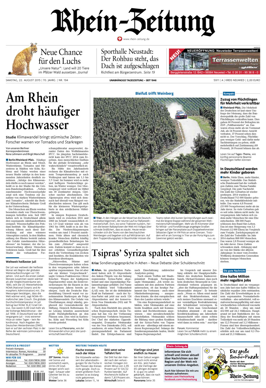Rhein-Zeitung Kreis Neuwied vom Samstag, 22.08.2015