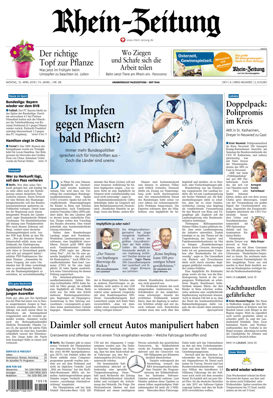 Rhein-Zeitung Kreis Neuwied vom Montag, 15.04.2019