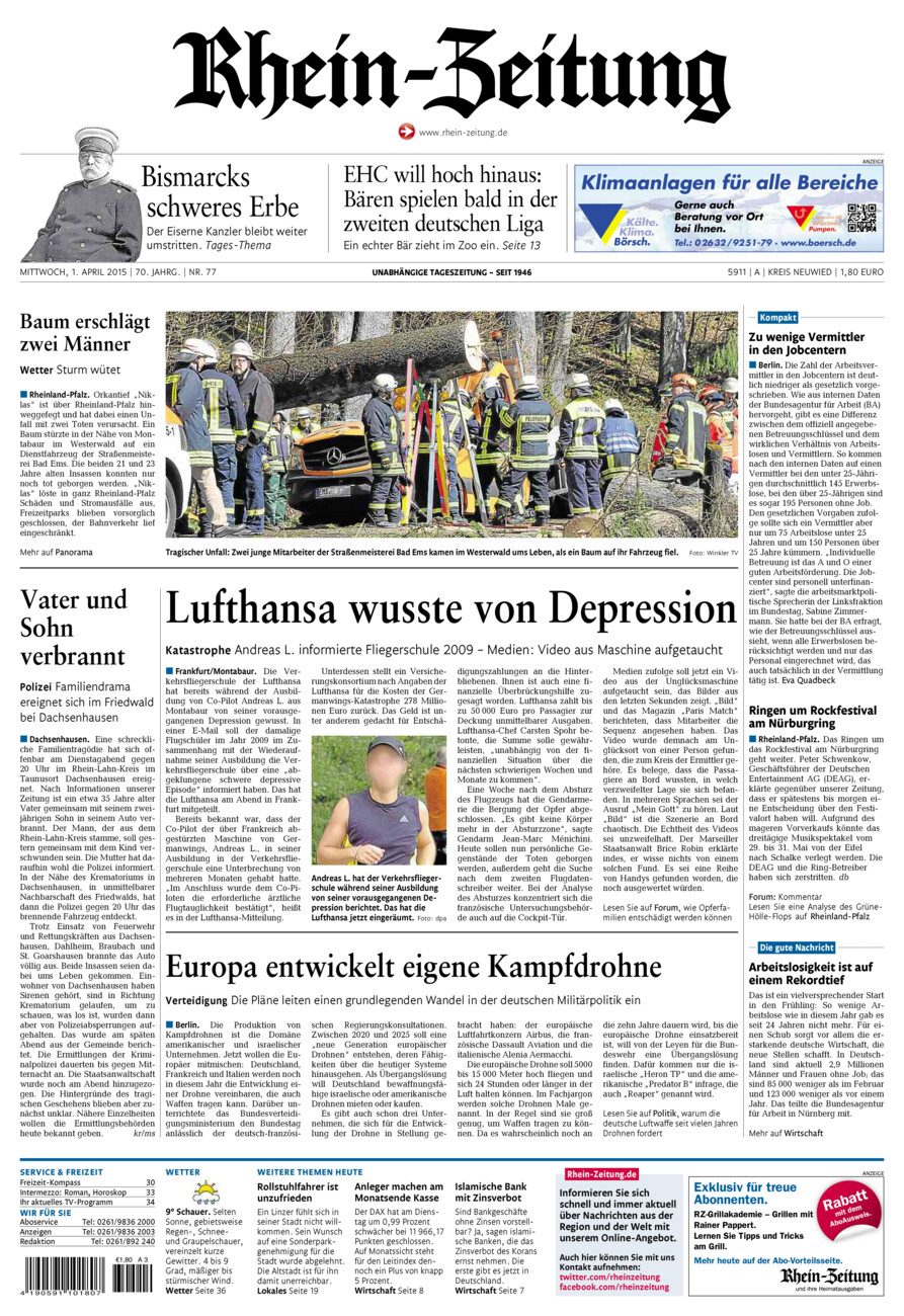 Rhein-Zeitung Kreis Neuwied vom Mittwoch, 01.04.2015