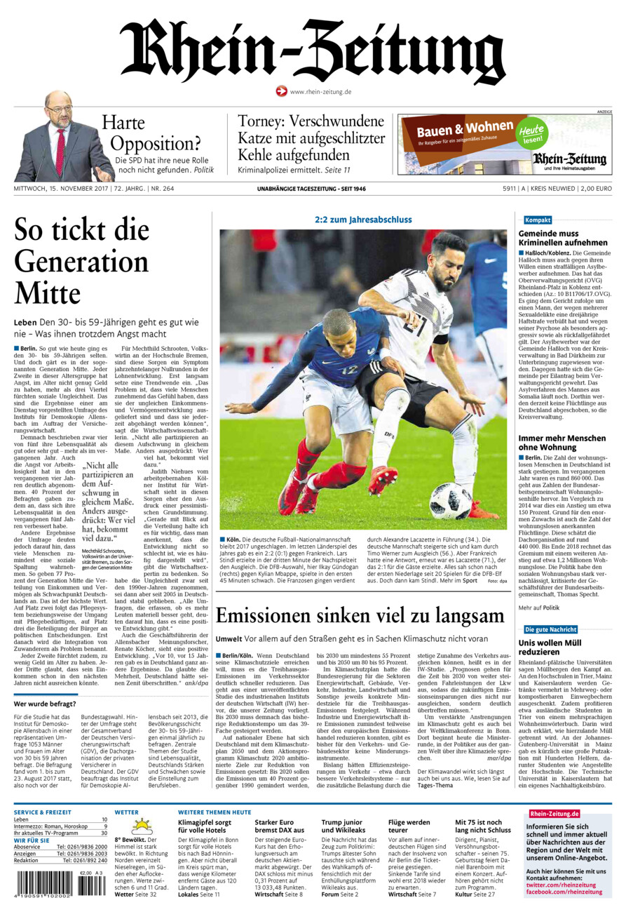 Rhein-Zeitung Kreis Neuwied vom Mittwoch, 15.11.2017