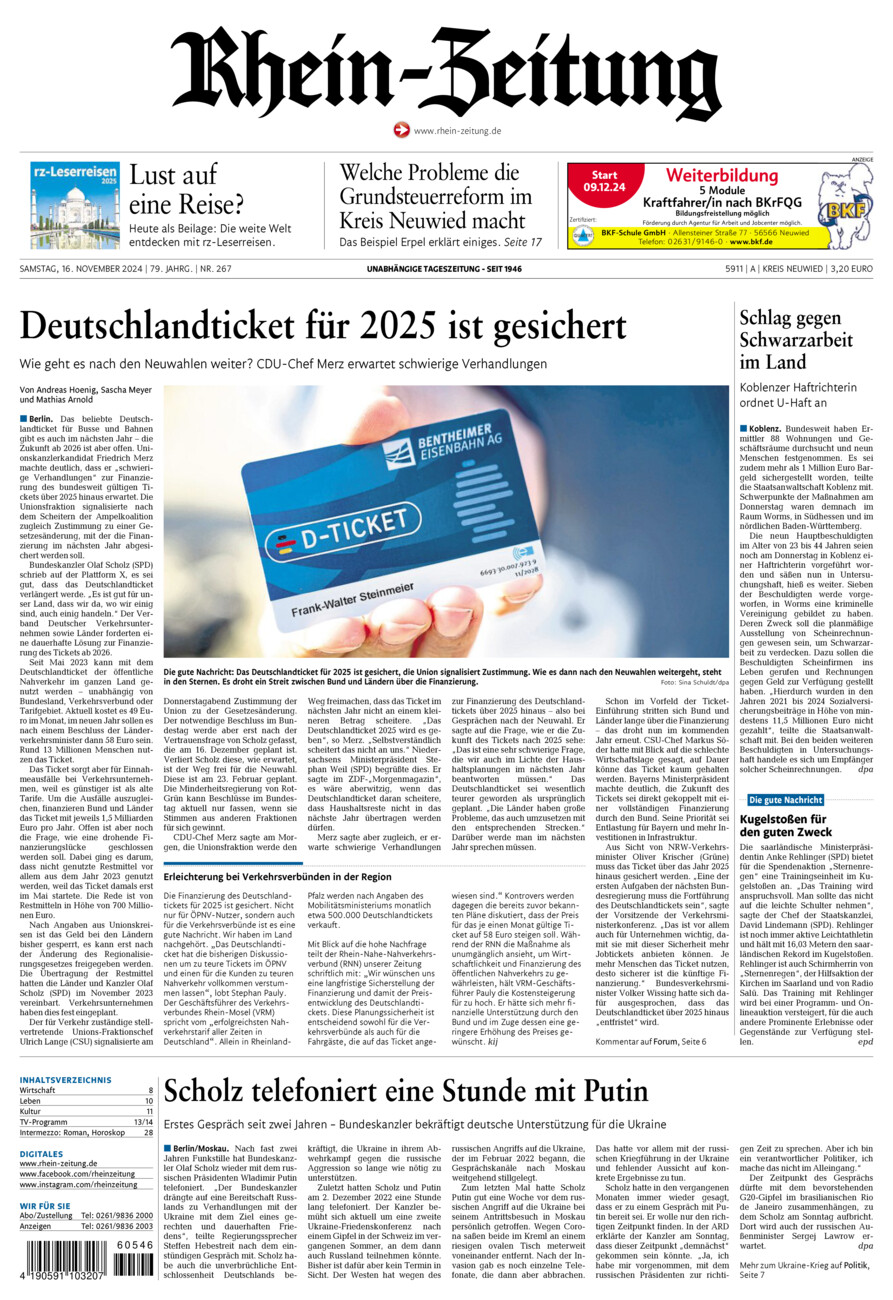 Rhein-Zeitung Kreis Neuwied vom Samstag, 16.11.2024