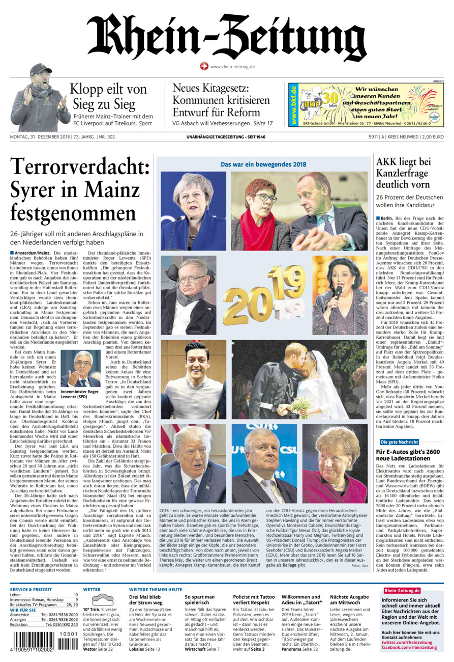 Rhein-Zeitung Kreis Neuwied vom Montag, 31.12.2018