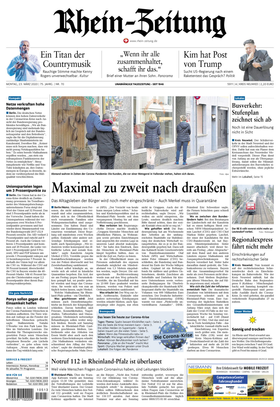 Rhein-Zeitung Kreis Neuwied vom Montag, 23.03.2020