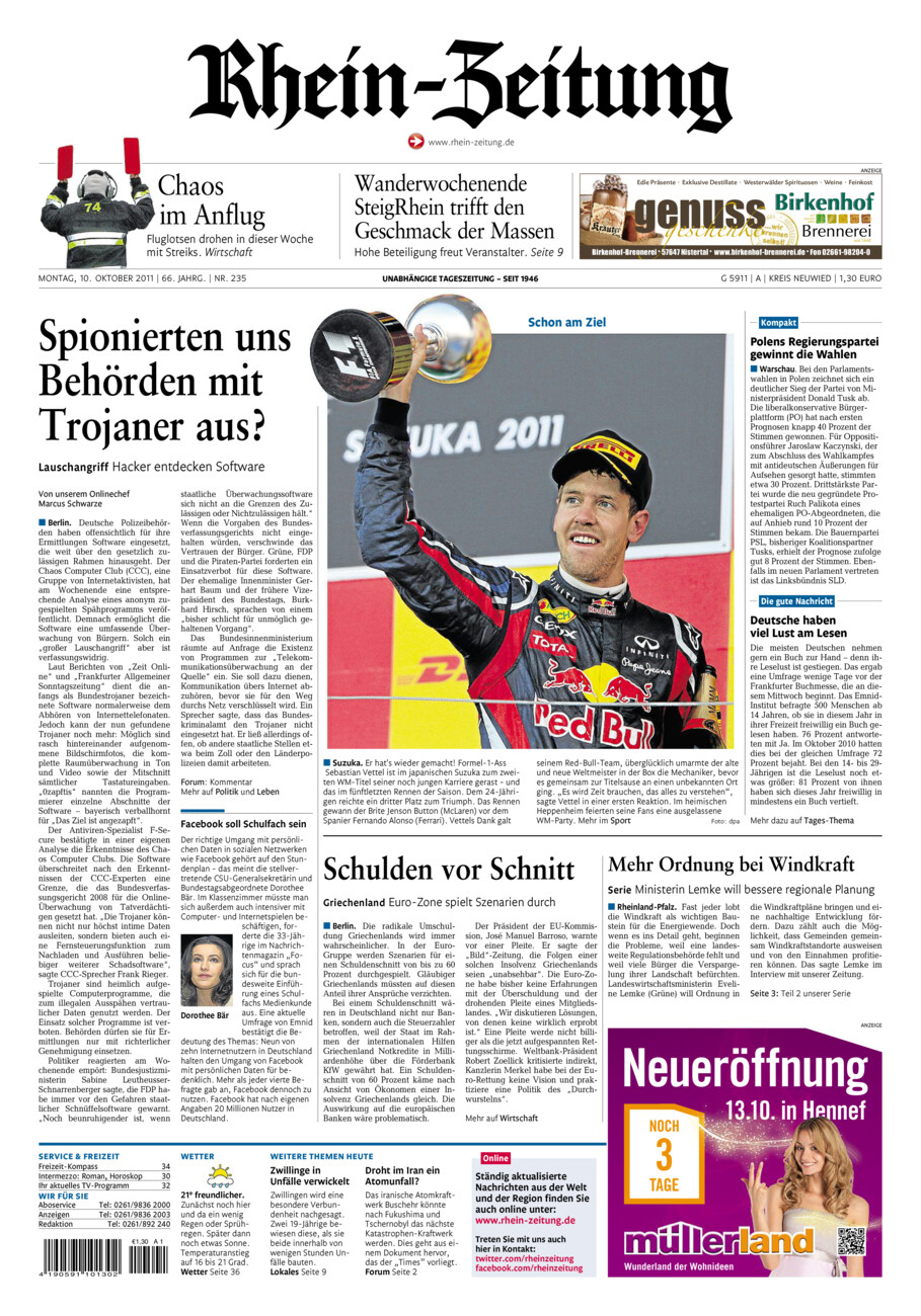 Rhein-Zeitung Kreis Neuwied vom Montag, 10.10.2011
