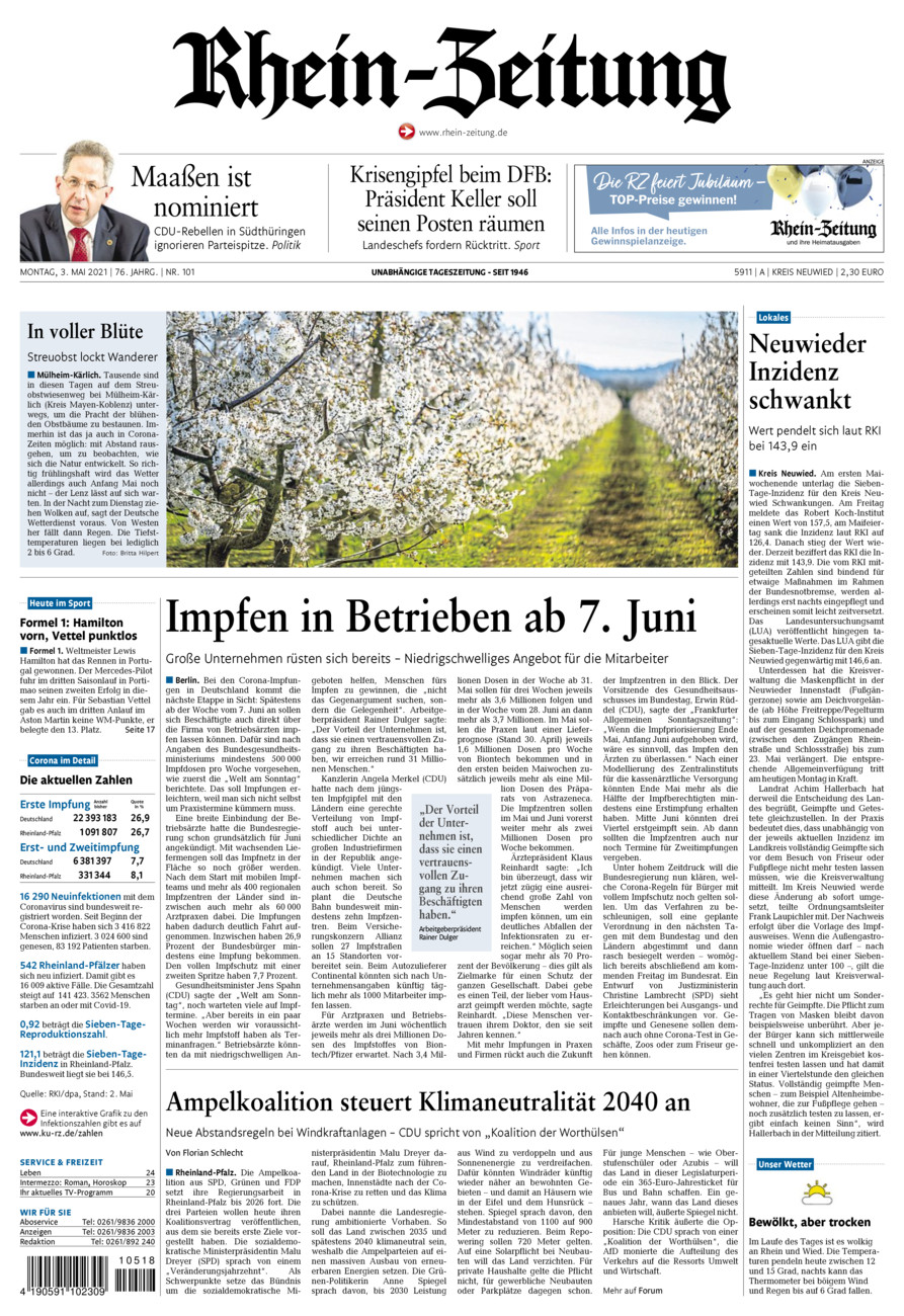 Rhein-Zeitung Kreis Neuwied vom Montag, 03.05.2021