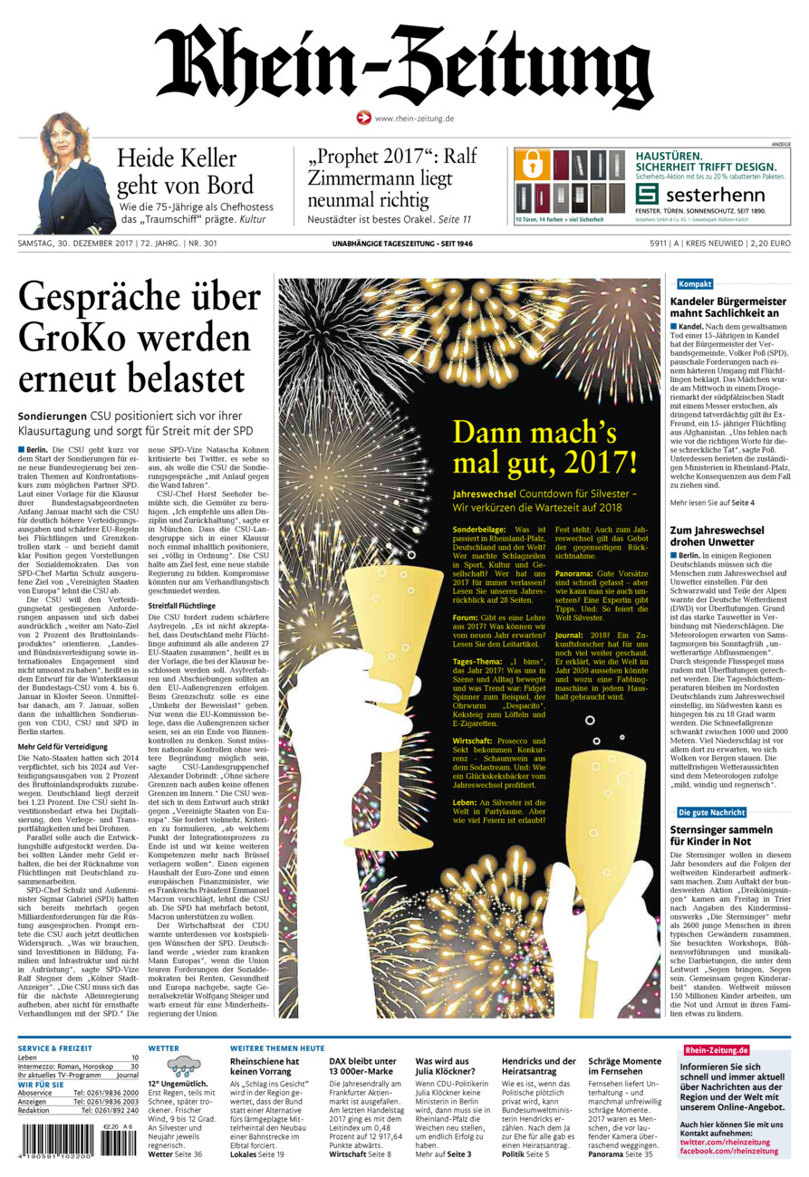 Rhein-Zeitung Kreis Neuwied vom Samstag, 30.12.2017