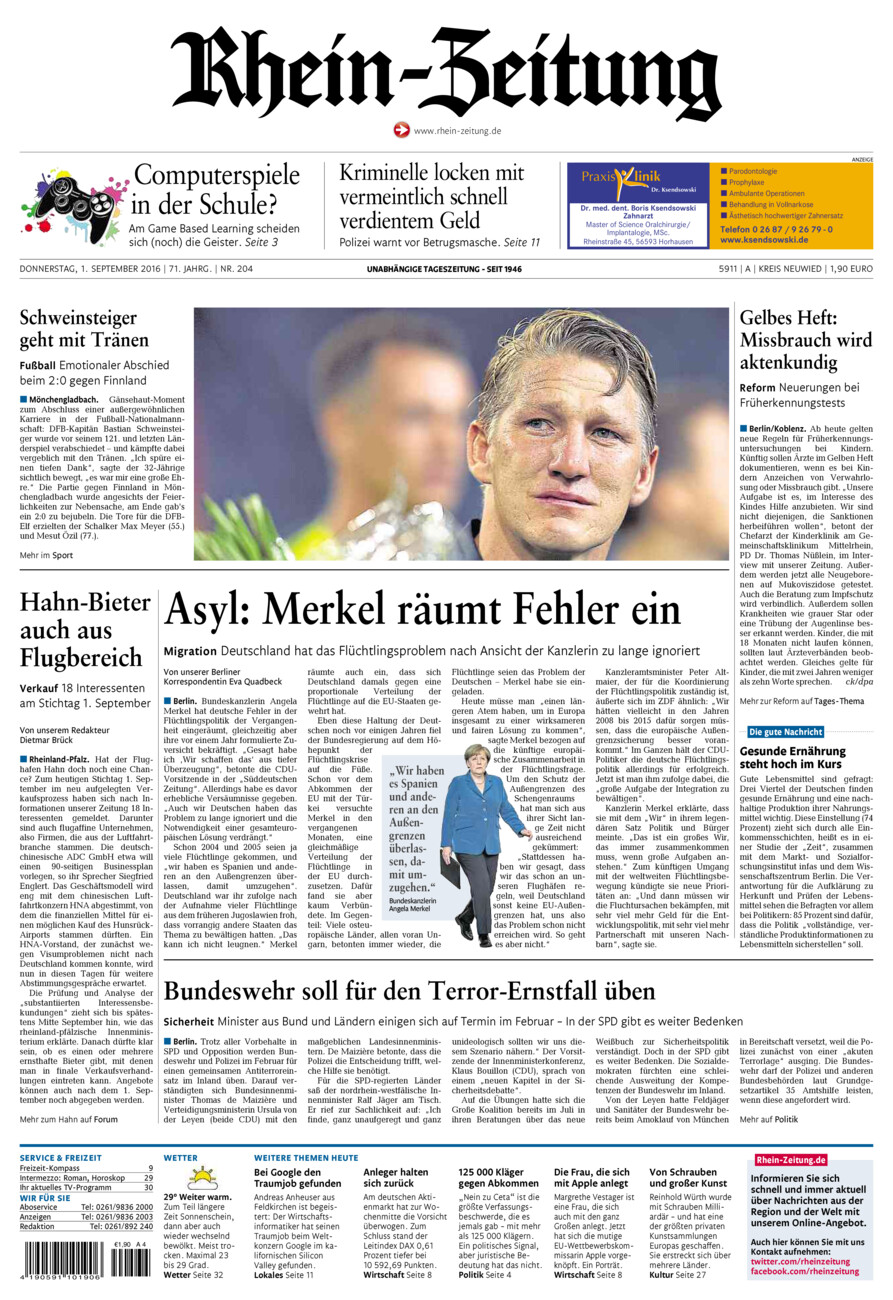 Rhein-Zeitung Kreis Neuwied vom Donnerstag, 01.09.2016