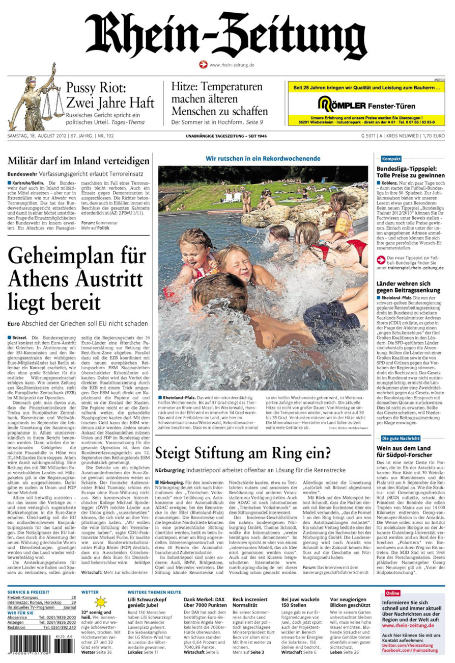 Rhein-Zeitung Kreis Neuwied vom Samstag, 18.08.2012