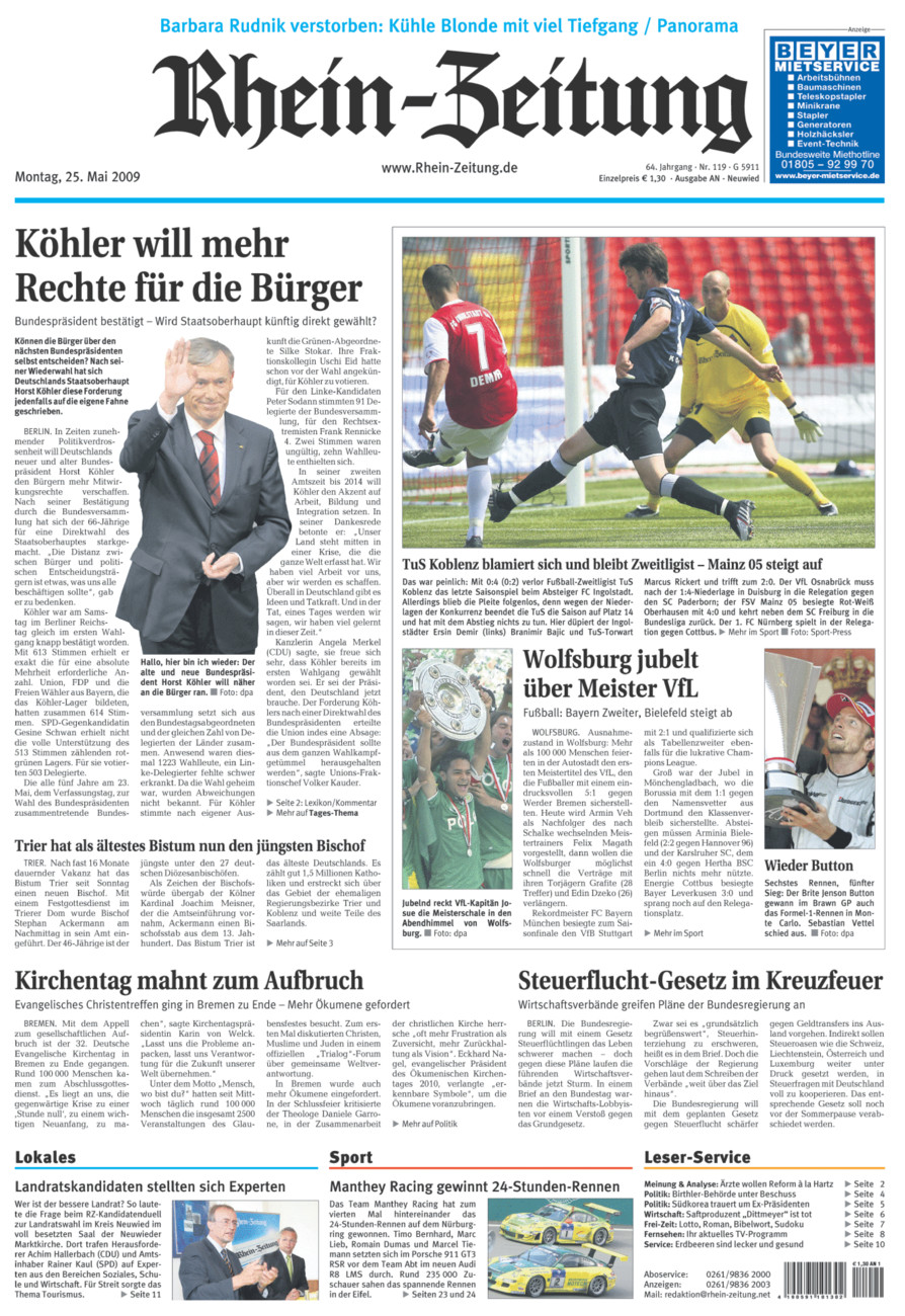 Rhein-Zeitung Kreis Neuwied vom Montag, 25.05.2009