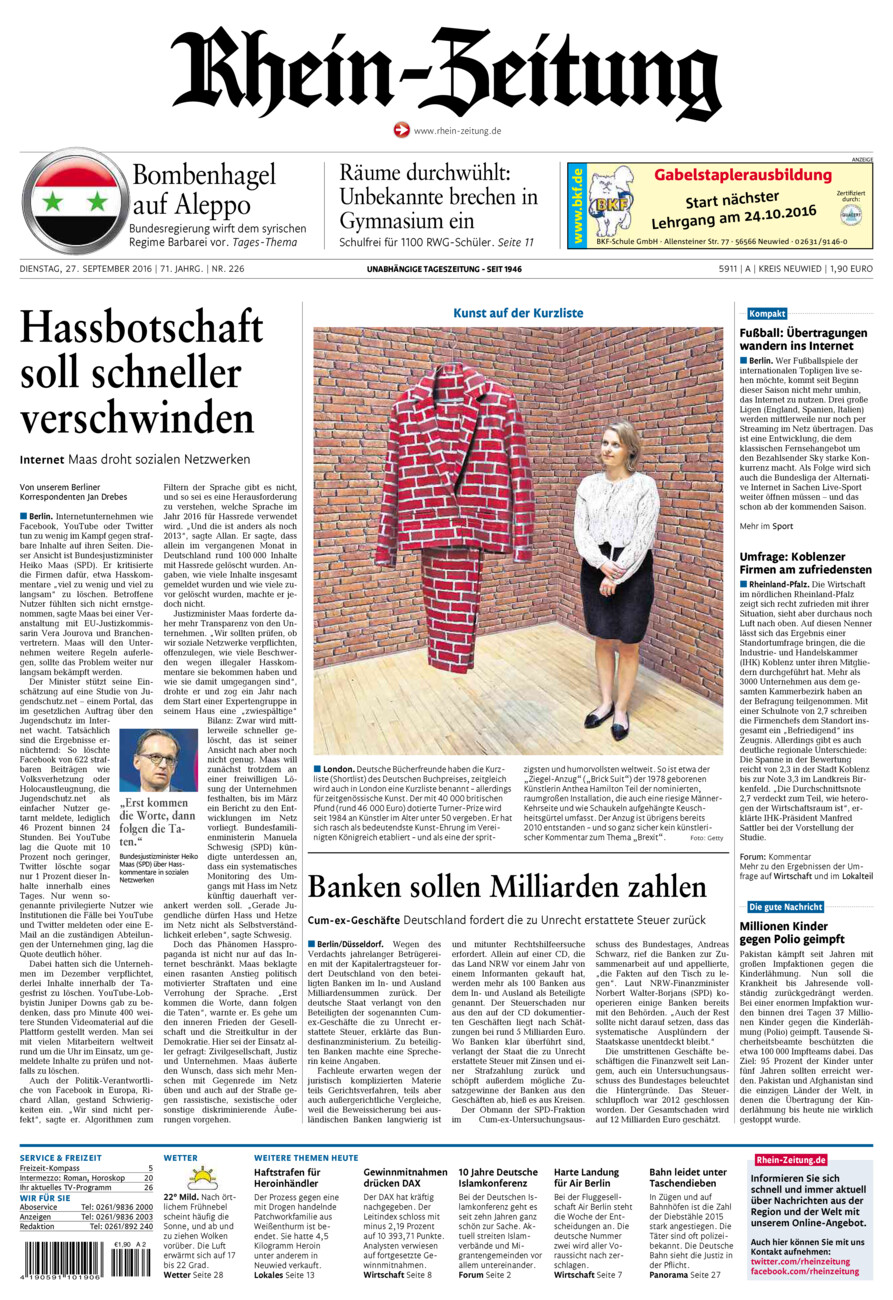 Rhein-Zeitung Kreis Neuwied vom Dienstag, 27.09.2016