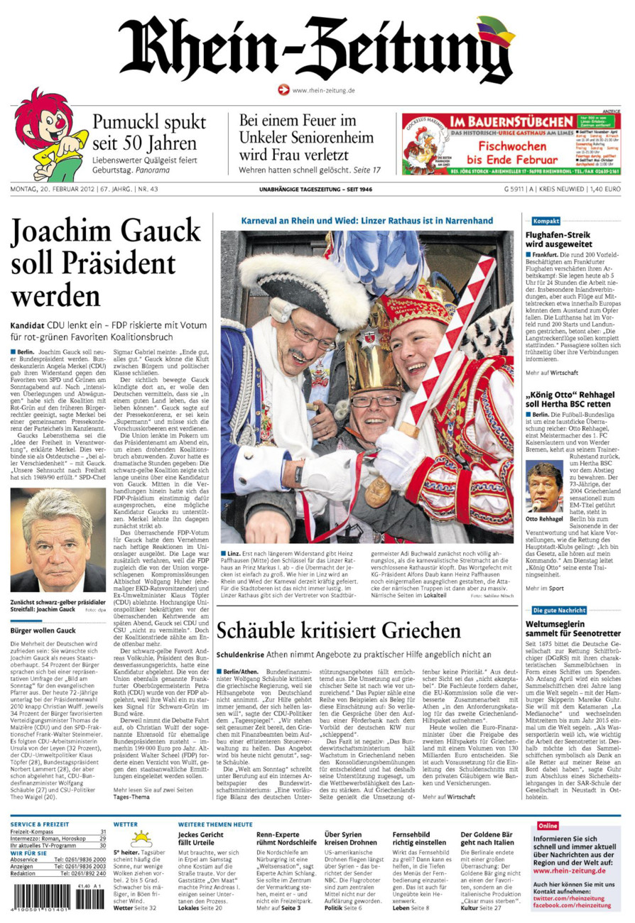 Rhein-Zeitung Kreis Neuwied vom Montag, 20.02.2012