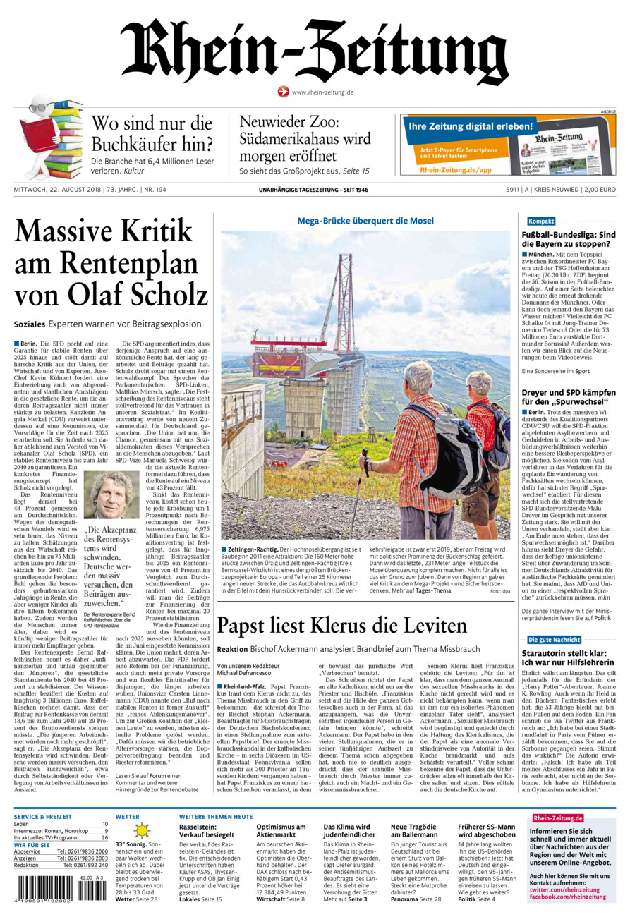 Rhein-Zeitung Kreis Neuwied vom Mittwoch, 22.08.2018