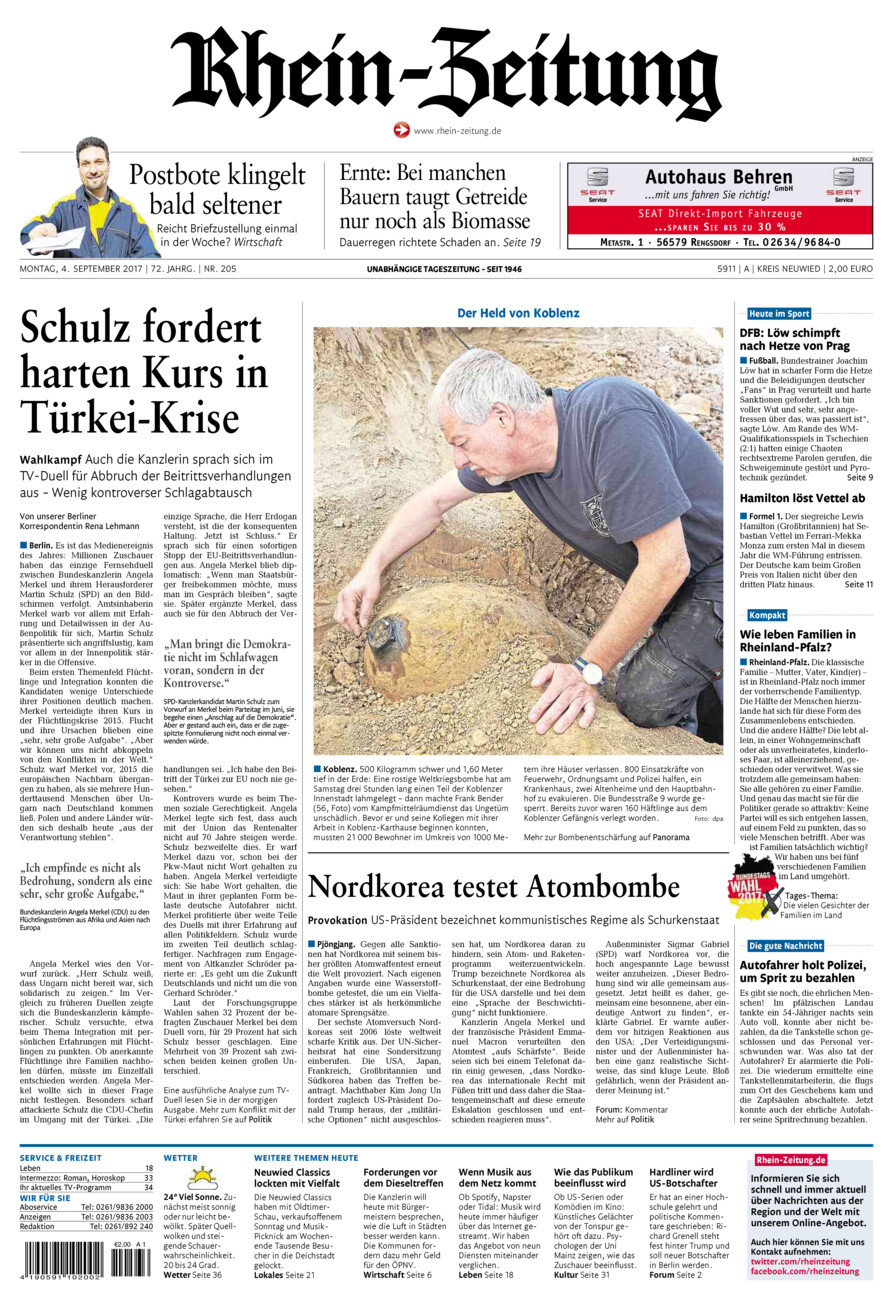 Rhein-Zeitung Kreis Neuwied vom Montag, 04.09.2017