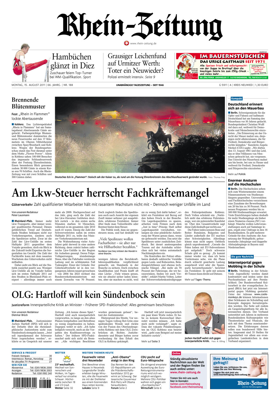 Rhein-Zeitung Kreis Neuwied vom Montag, 15.08.2011