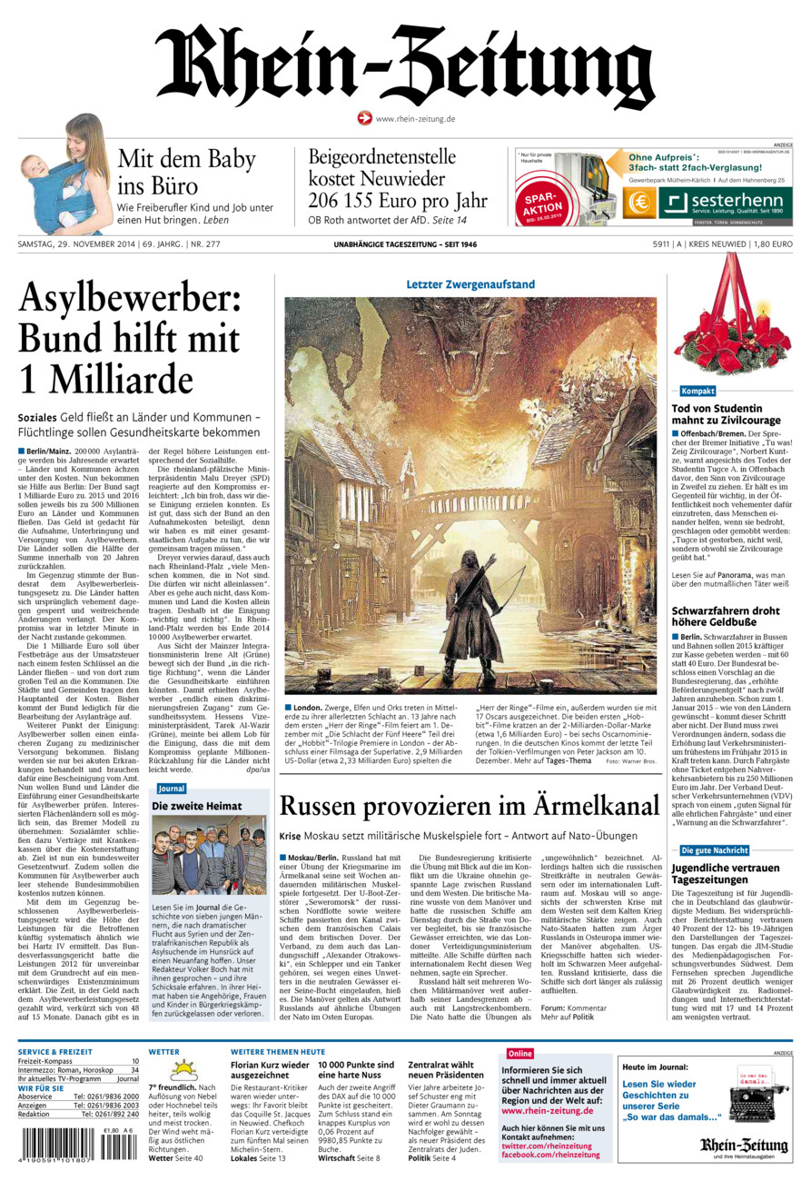 Rhein-Zeitung Kreis Neuwied vom Samstag, 29.11.2014