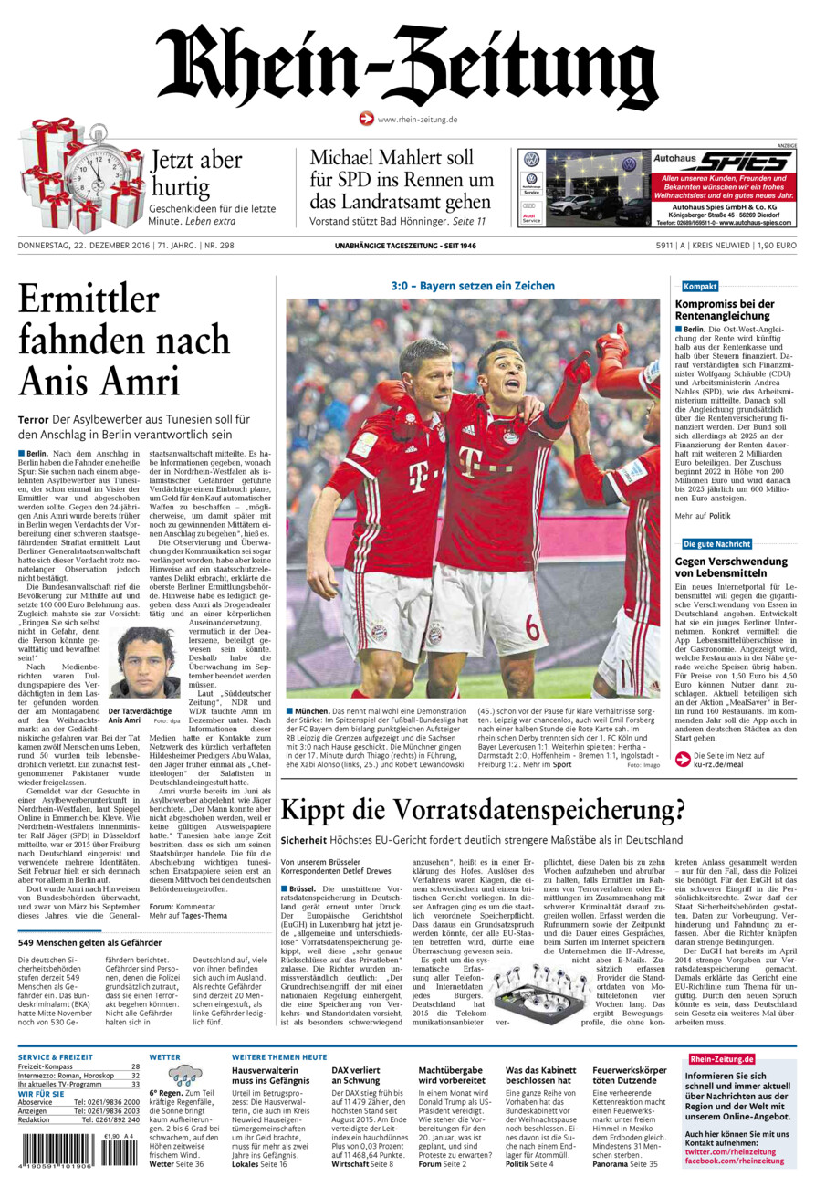 Rhein-Zeitung Kreis Neuwied vom Donnerstag, 22.12.2016