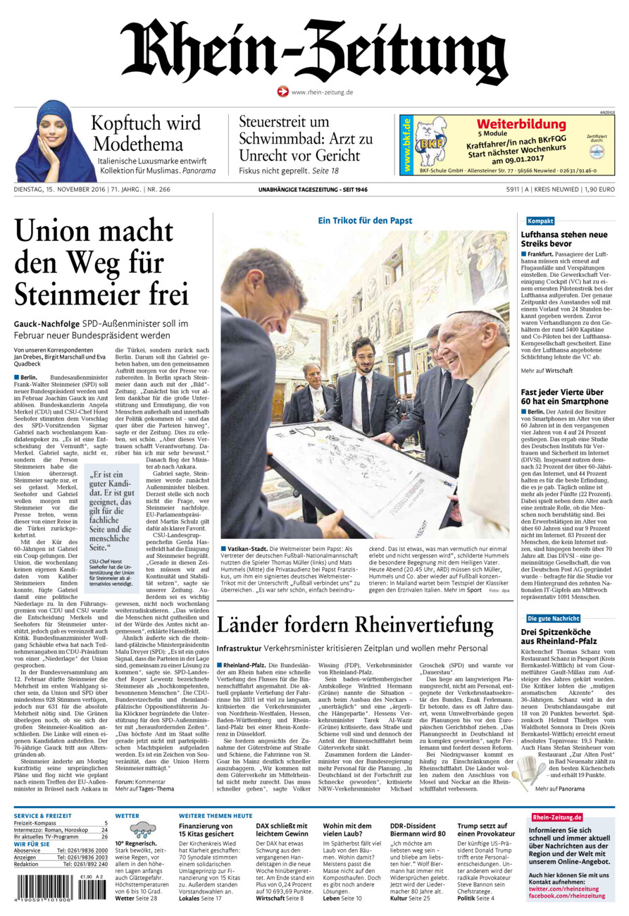 Rhein-Zeitung Kreis Neuwied vom Dienstag, 15.11.2016