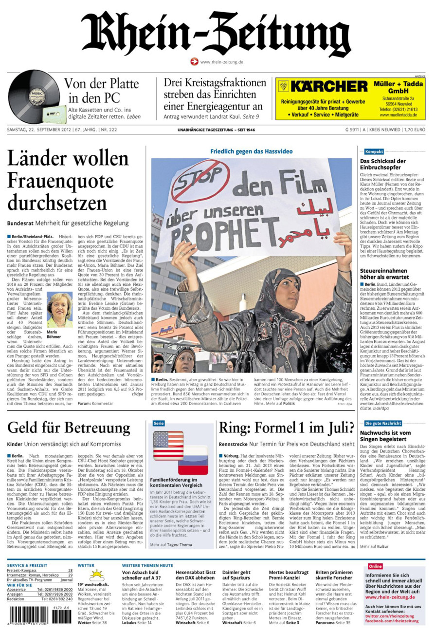 Rhein-Zeitung Kreis Neuwied vom Samstag, 22.09.2012
