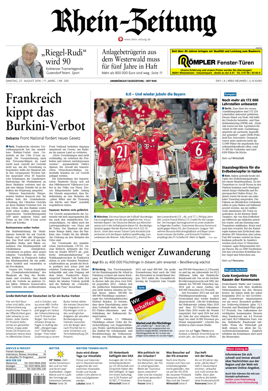 Rhein-Zeitung Kreis Neuwied vom Samstag, 27.08.2016