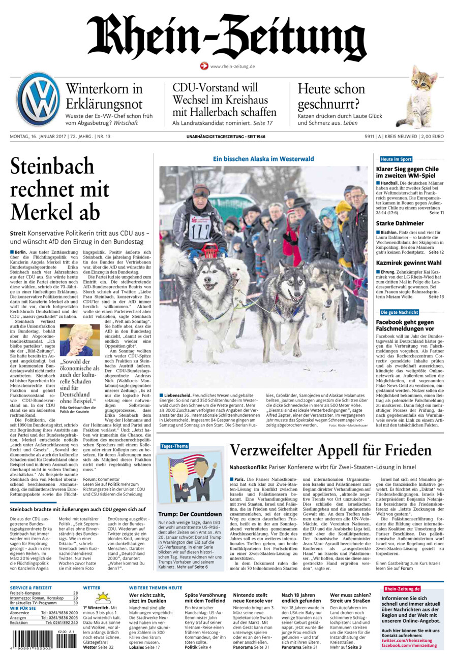 Rhein-Zeitung Kreis Neuwied vom Montag, 16.01.2017