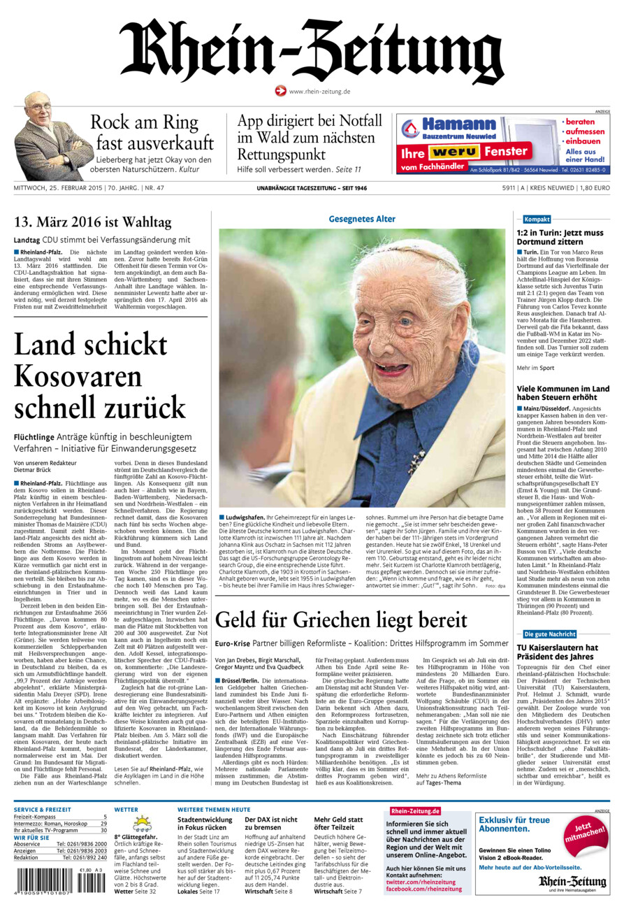 Rhein-Zeitung Kreis Neuwied vom Mittwoch, 25.02.2015