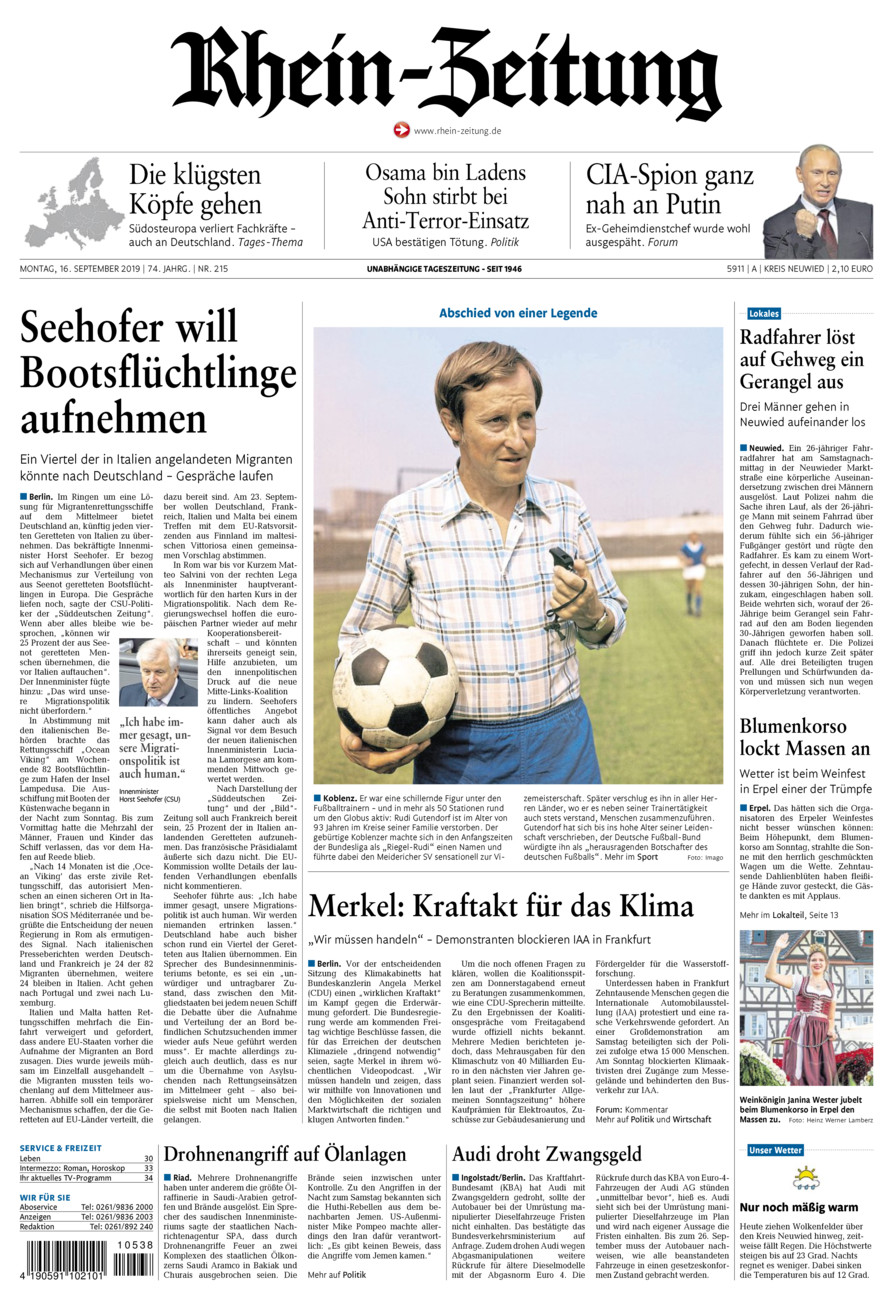 Rhein-Zeitung Kreis Neuwied vom Montag, 16.09.2019