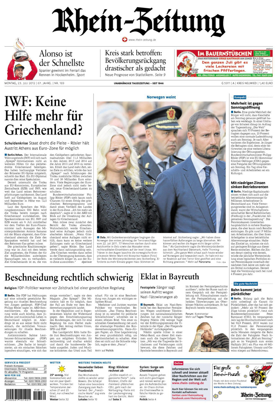 Rhein-Zeitung Kreis Neuwied vom Montag, 23.07.2012