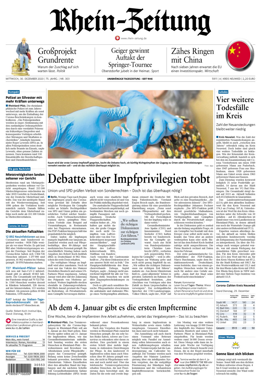 Rhein-Zeitung Kreis Neuwied vom Mittwoch, 30.12.2020