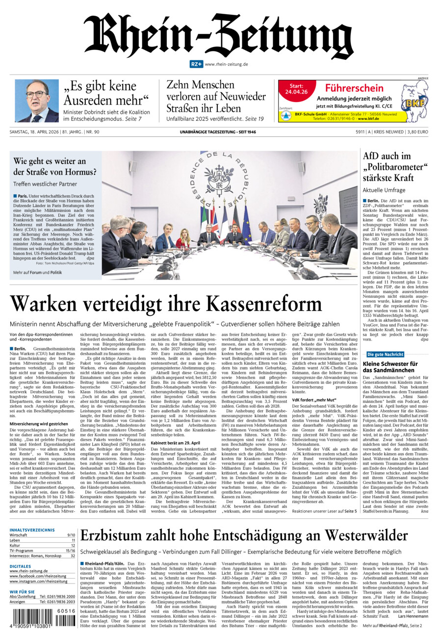 Rhein-Zeitung Kreis Neuwied vom Samstag, 18.04.2026