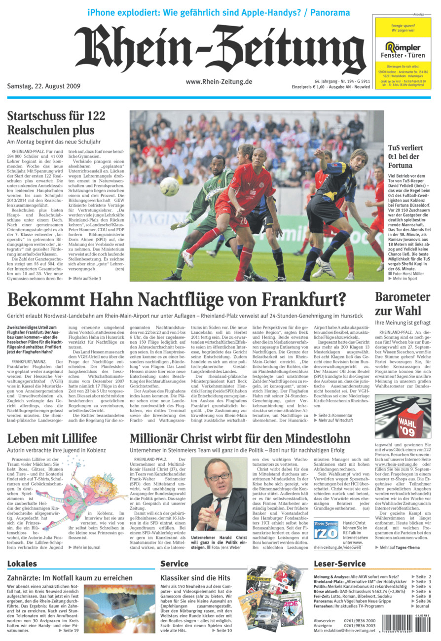 Rhein-Zeitung Kreis Neuwied vom Samstag, 22.08.2009
