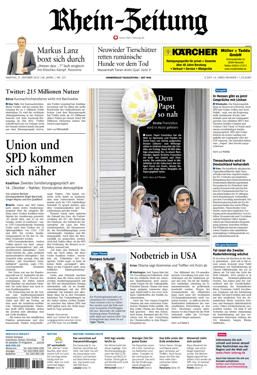 Rhein-Zeitung Kreis Neuwied vom Samstag, 05.10.2013