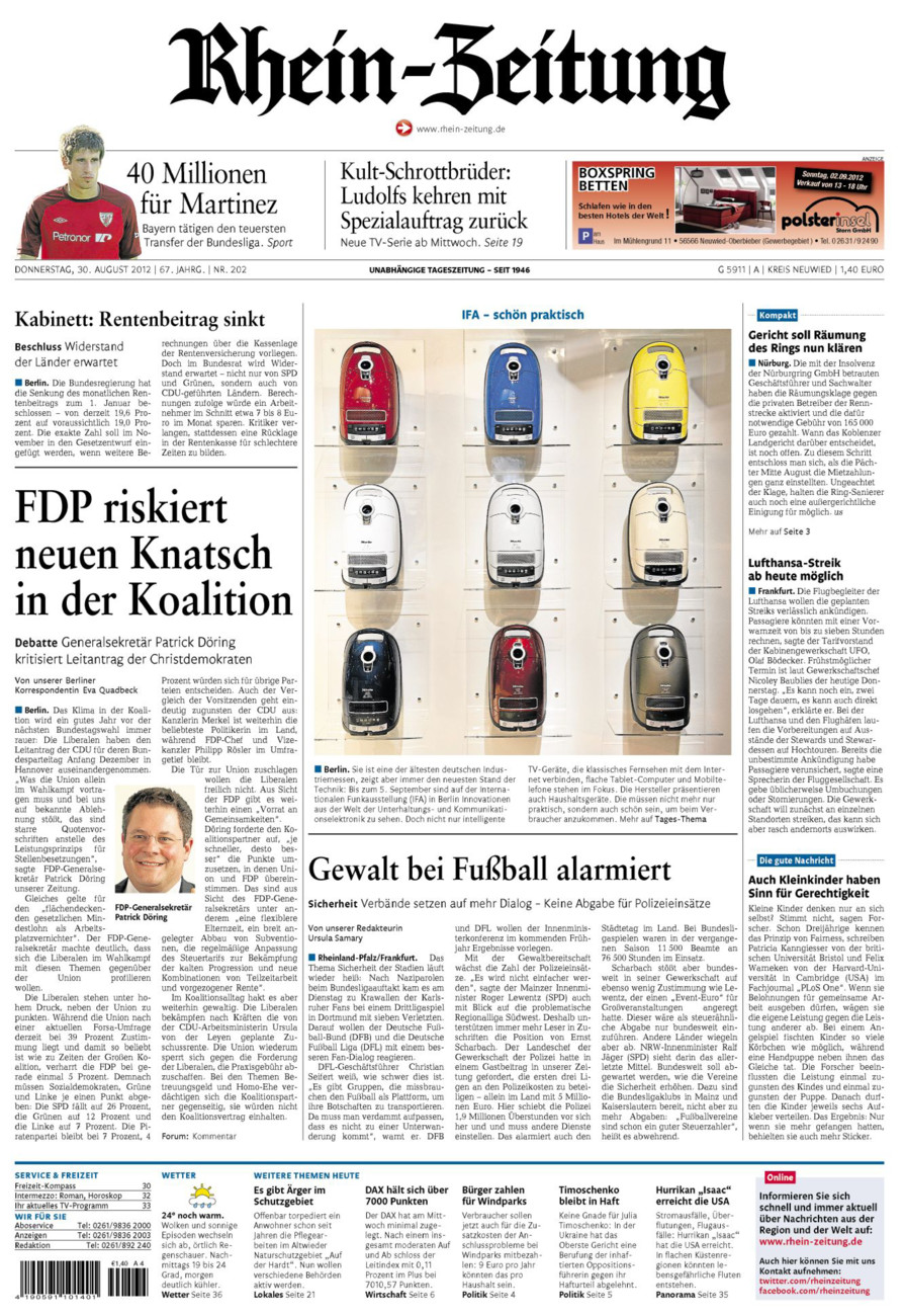 Rhein-Zeitung Kreis Neuwied vom Donnerstag, 30.08.2012