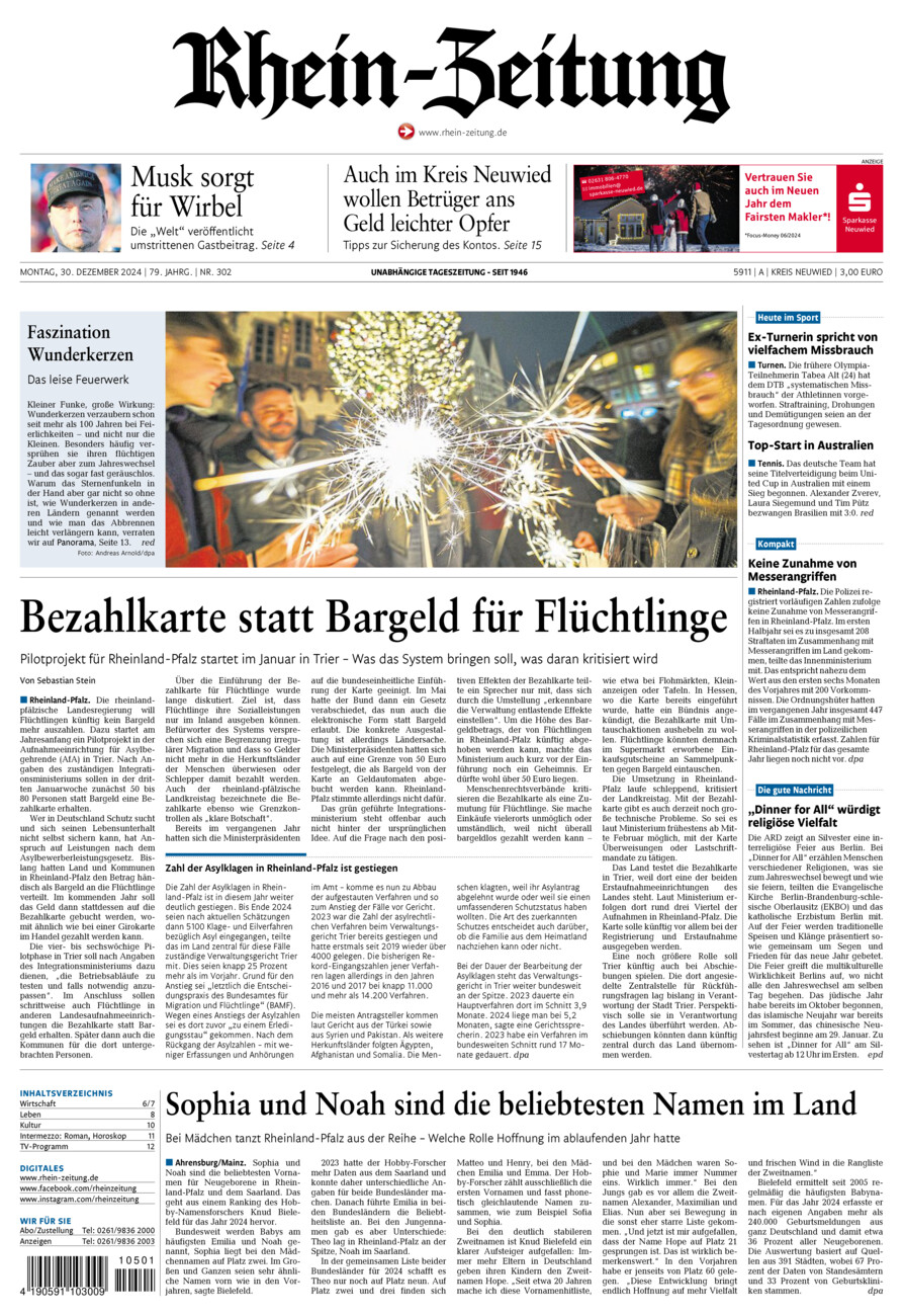 Rhein-Zeitung Kreis Neuwied vom Montag, 30.12.2024