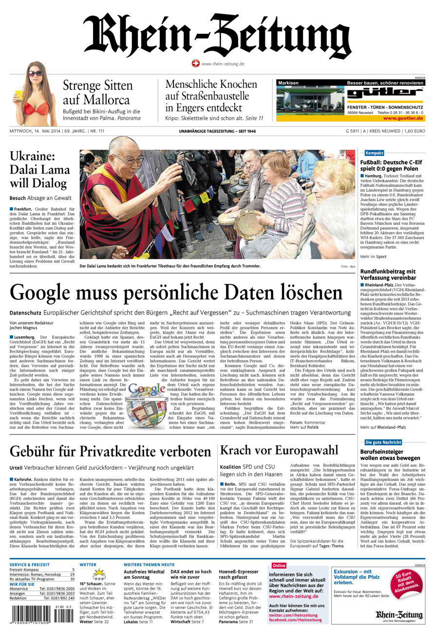 Rhein-Zeitung Kreis Neuwied vom Mittwoch, 14.05.2014