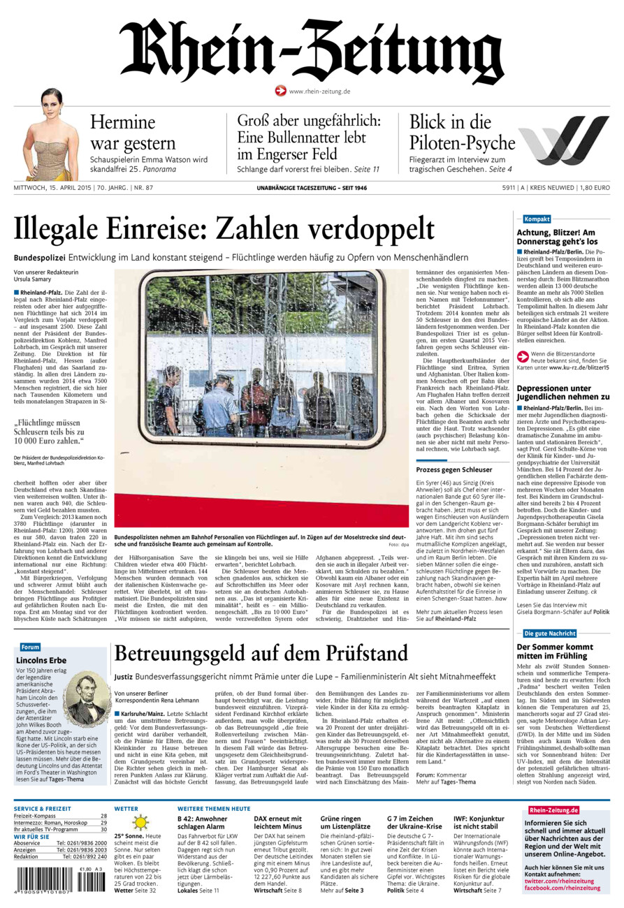 Rhein-Zeitung Kreis Neuwied vom Mittwoch, 15.04.2015