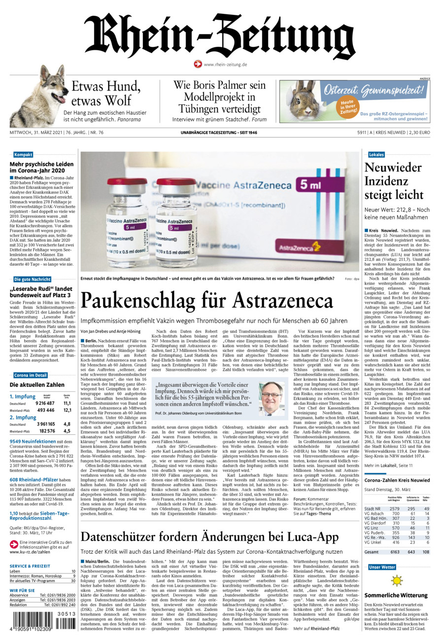 Rhein-Zeitung Kreis Neuwied vom Mittwoch, 31.03.2021