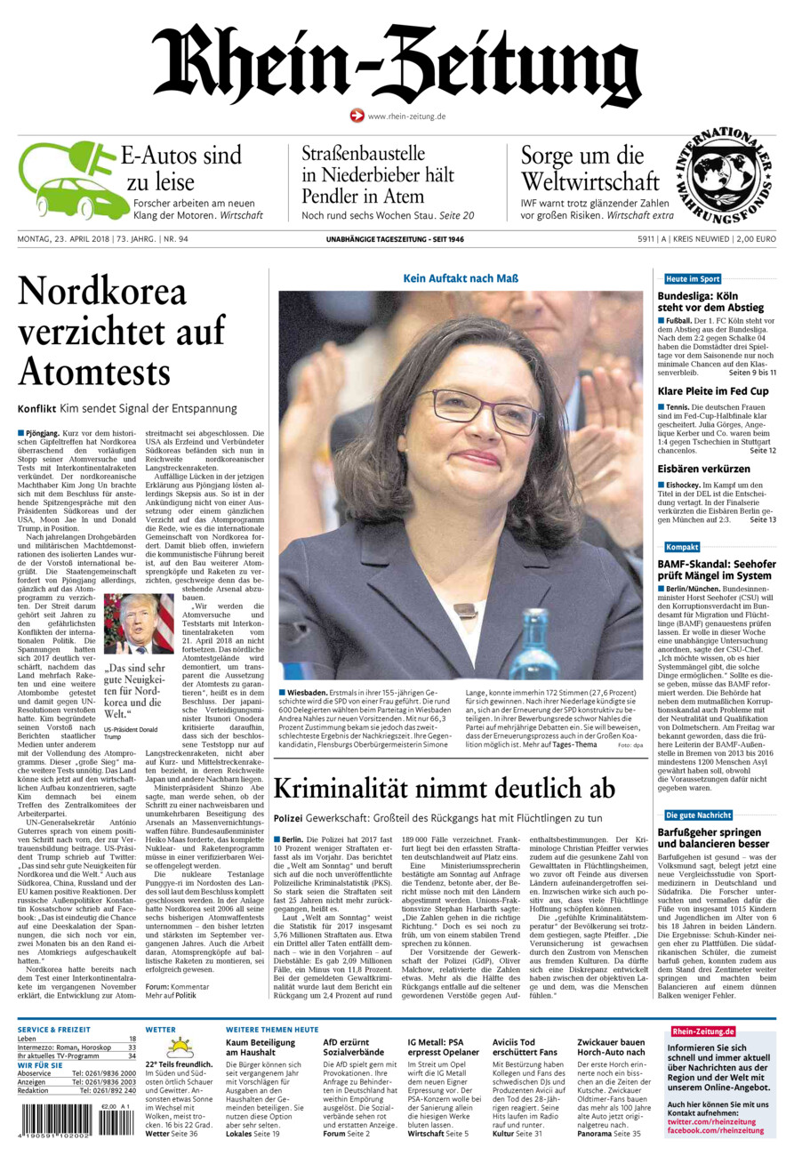 Rhein-Zeitung Kreis Neuwied vom Montag, 23.04.2018