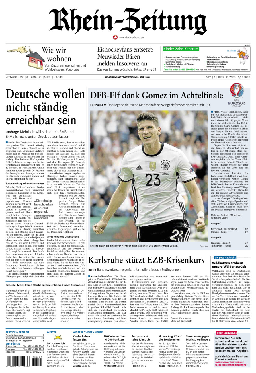 Rhein-Zeitung Kreis Neuwied vom Mittwoch, 22.06.2016