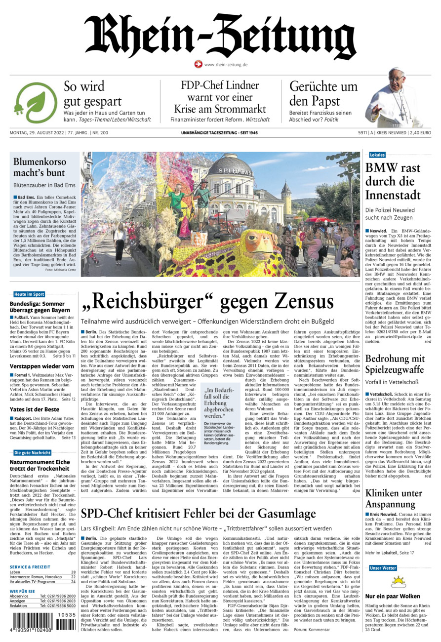 Rhein-Zeitung Kreis Neuwied vom Montag, 29.08.2022