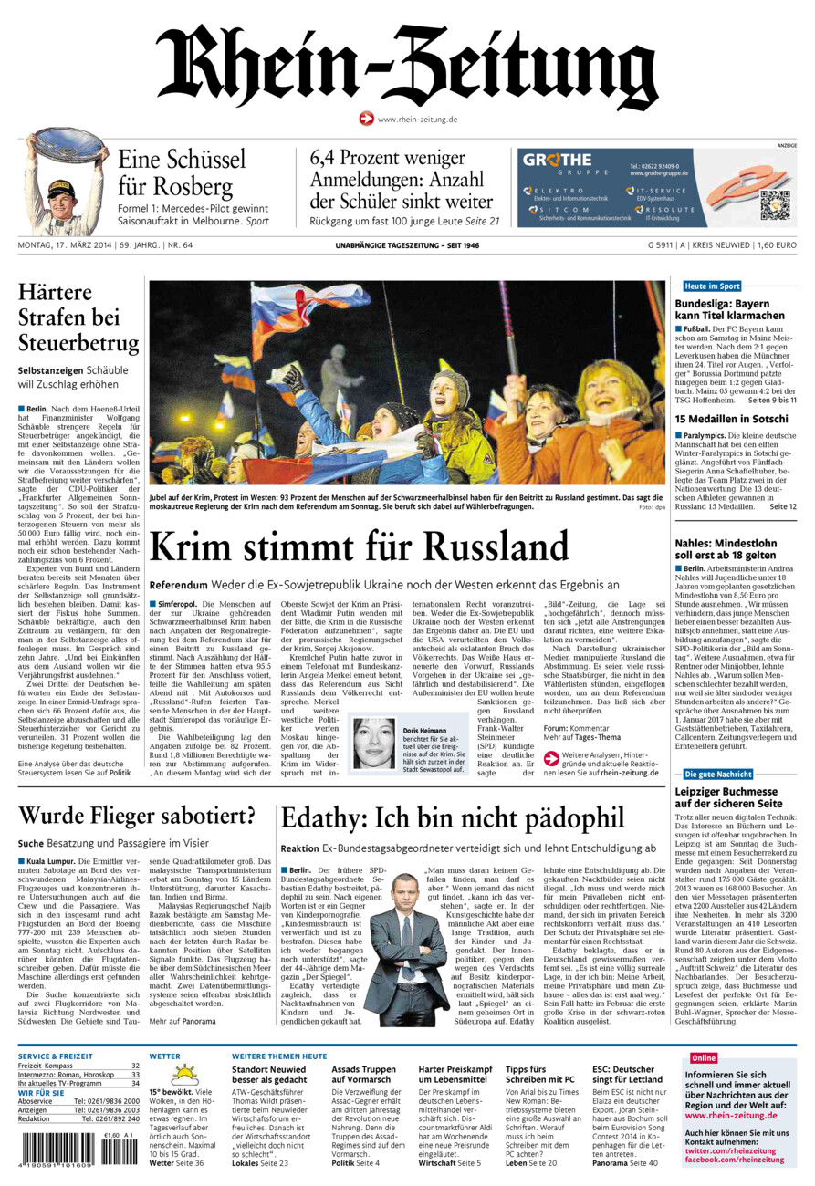 Rhein-Zeitung Kreis Neuwied vom Montag, 17.03.2014