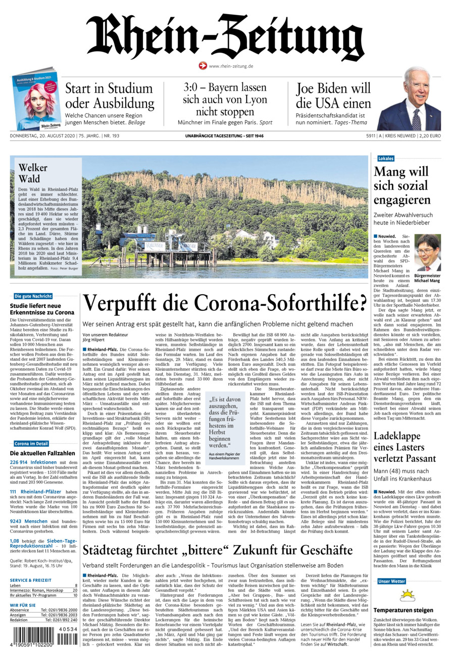 Rhein-Zeitung Kreis Neuwied vom Donnerstag, 20.08.2020