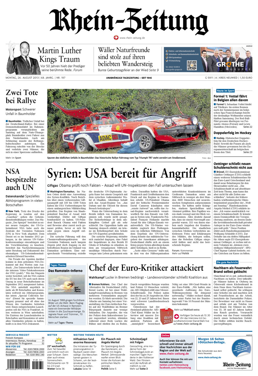 Rhein-Zeitung Kreis Neuwied vom Montag, 26.08.2013