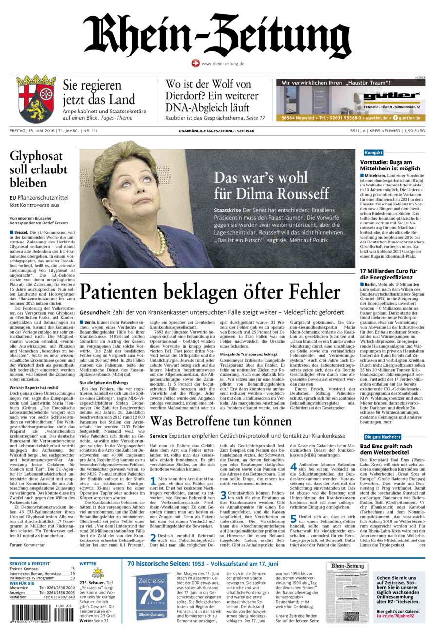 Rhein-Zeitung Kreis Neuwied vom Freitag, 13.05.2016
